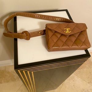 Chanel 90s Vintage Taupe Leather Waist Belt Bag